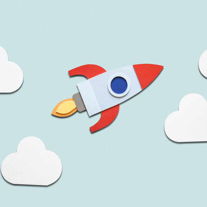 Illustration of a rocket ship flying in the sky