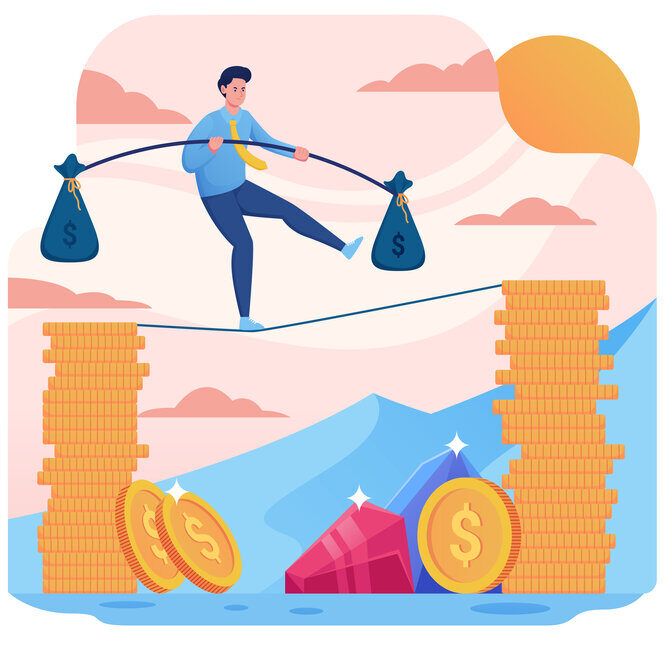 Graphic of man with bags of money walking a tightrope between columns made of gold coins to illustrate the importance of cash flow and timely collections