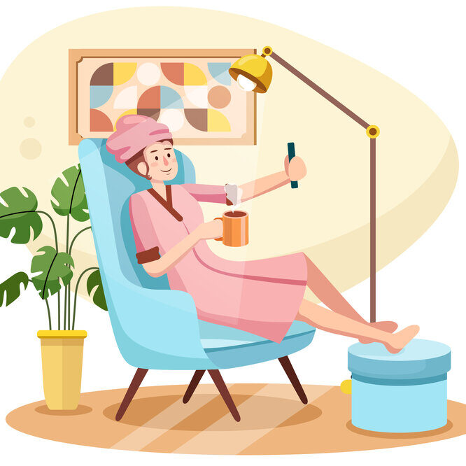 Person relaxing in pink robe with warm beverage taking a selfie to illustrate the need for self care and vacations for home care agencies