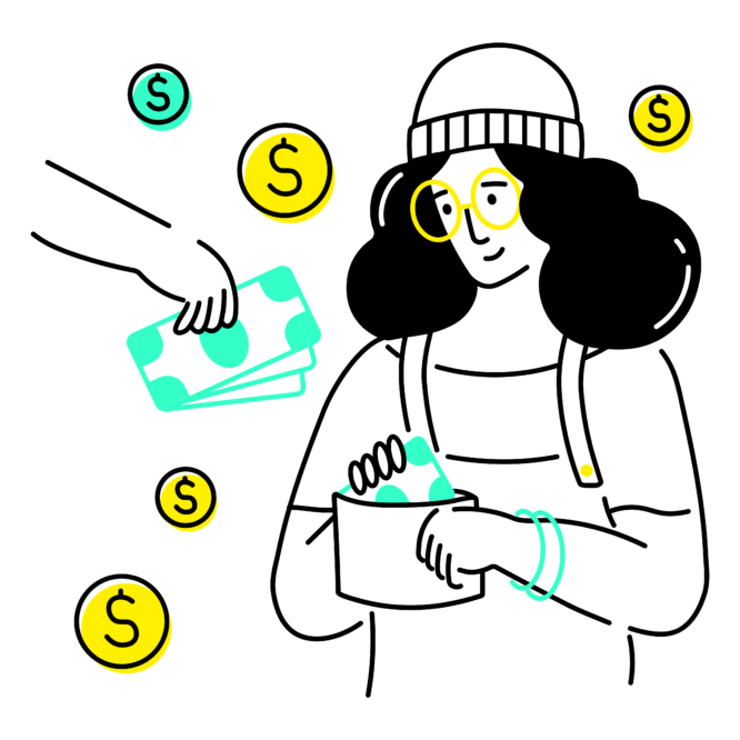 Graphic of woman taking money into a jar for investing purposes.