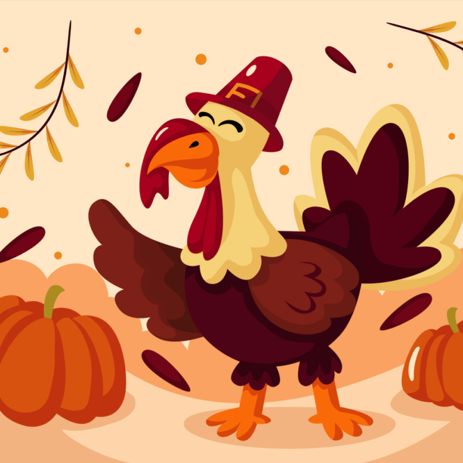 Turkey in pilgrim hat, in fall colors with pumpkins behind the turkey.