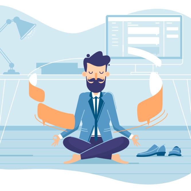 Businessman in working balance of zen. Meditation and concentration. Vector illustration