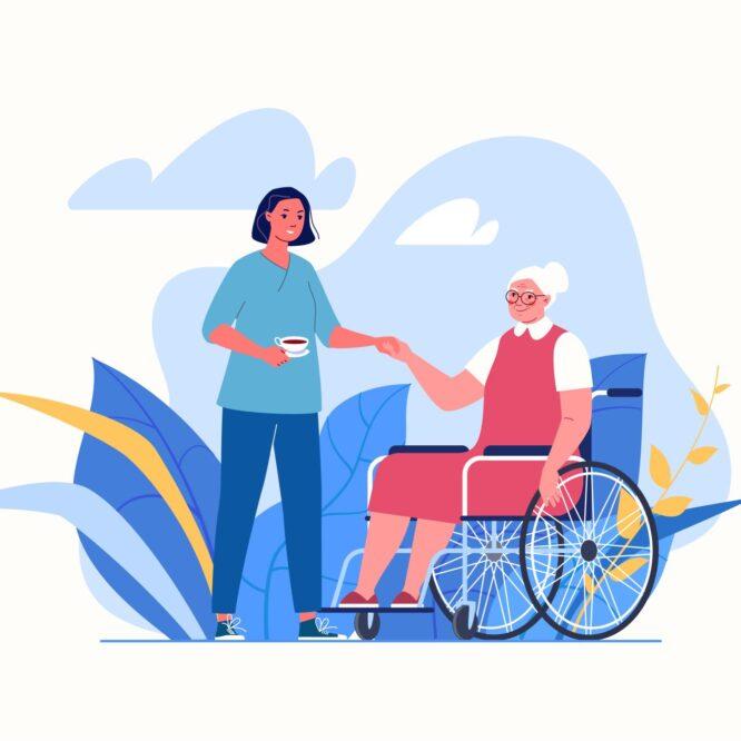 Caregiver handing cup of coffee to elderly woman in a wheelchair.